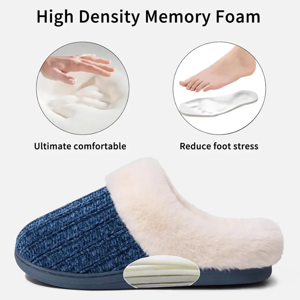 Warm Knit House Slippers for Women Comfy Wool-Like Lined Chenille Slippers with Memory Foam and Indoor Outdoor Soles