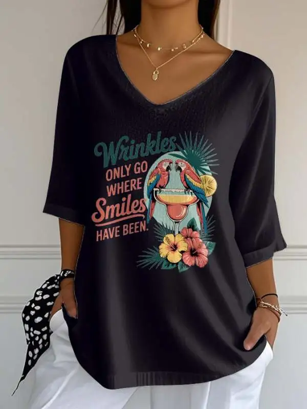 Women's Retro Wrinkles Only Go Where Smiles Have Been Print Mid Sleeve T-Shirt
