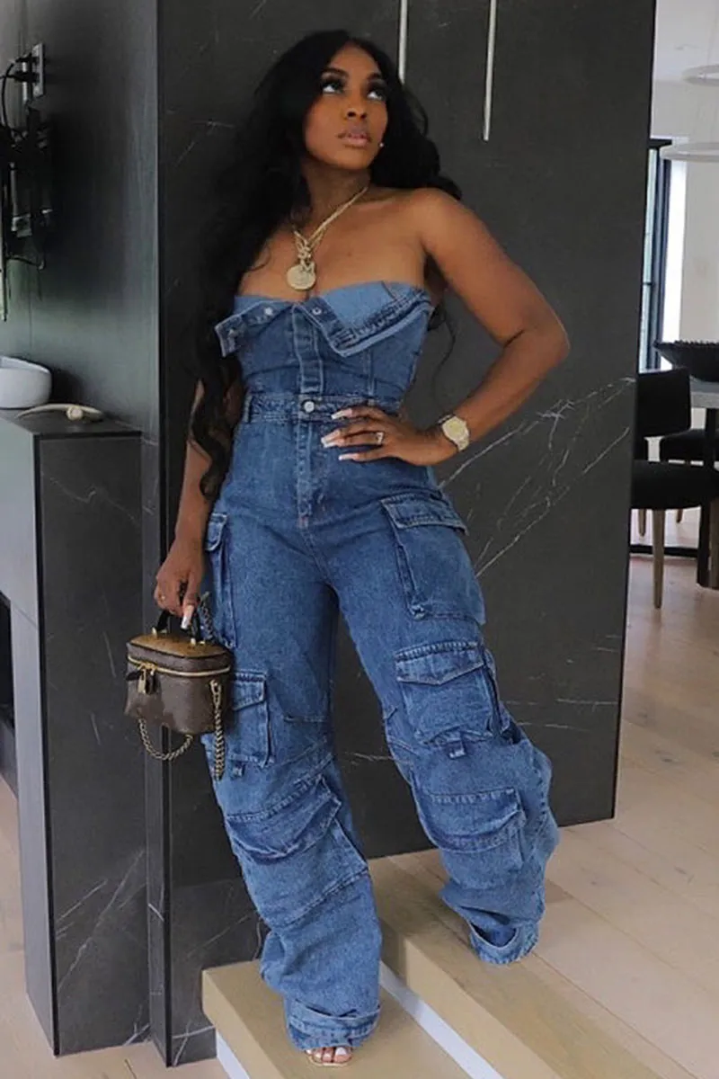 Strapless Multi Flap Pocket Denim Cargo Jumpsuit