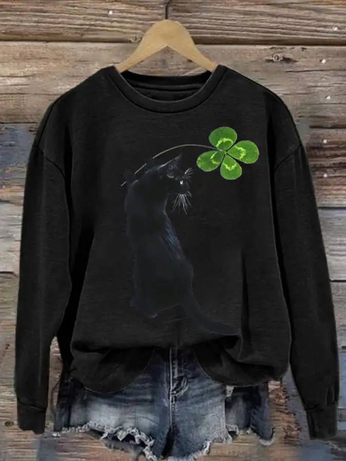 Women's Clover Cat Print Crew Neck Sweatshirt