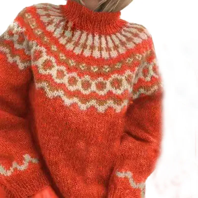 Vintage Turtleneck Pullover Chunky Jacquard Sweater
