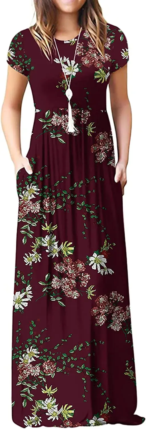 Women's Short Sleeve Loose Plain Maxi Dresses Casual Long Dresses with Pockets