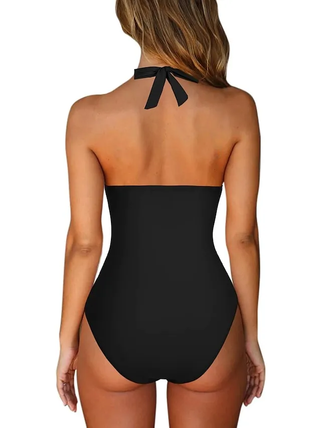 Women's Swimwear One Piece Normal Swimsuit Ruffle Tummy Control Plain Black Green Rose Red Bodysuit Bathing Suits Sports Beach Wear Summer