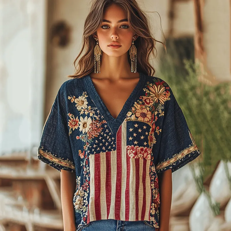 Women's Vintage Independence Day Flag Floral Embroidery Print V-neck Short Sleeve Linen Blend T-shirt