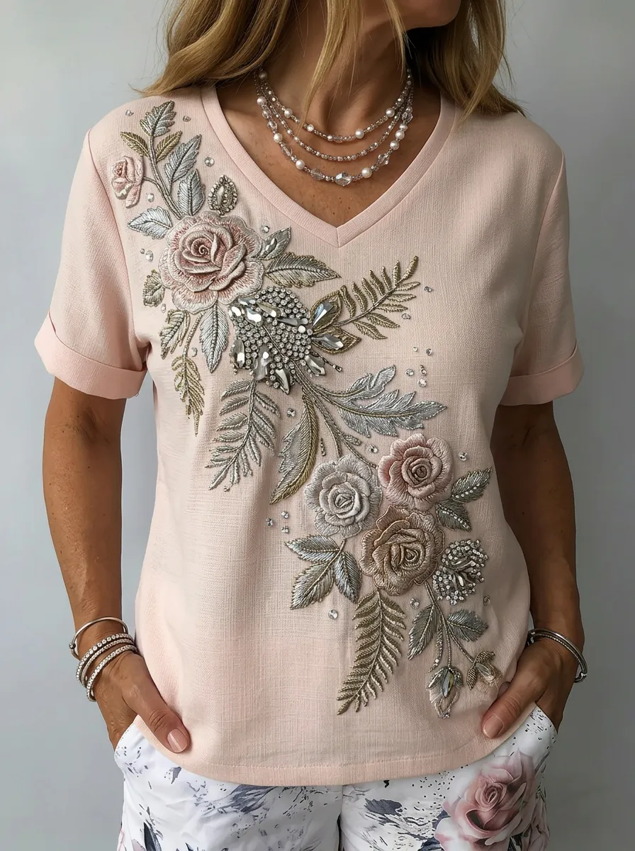 Women's Nashville Floral Rhinestone Embroidered Printed T-shirt