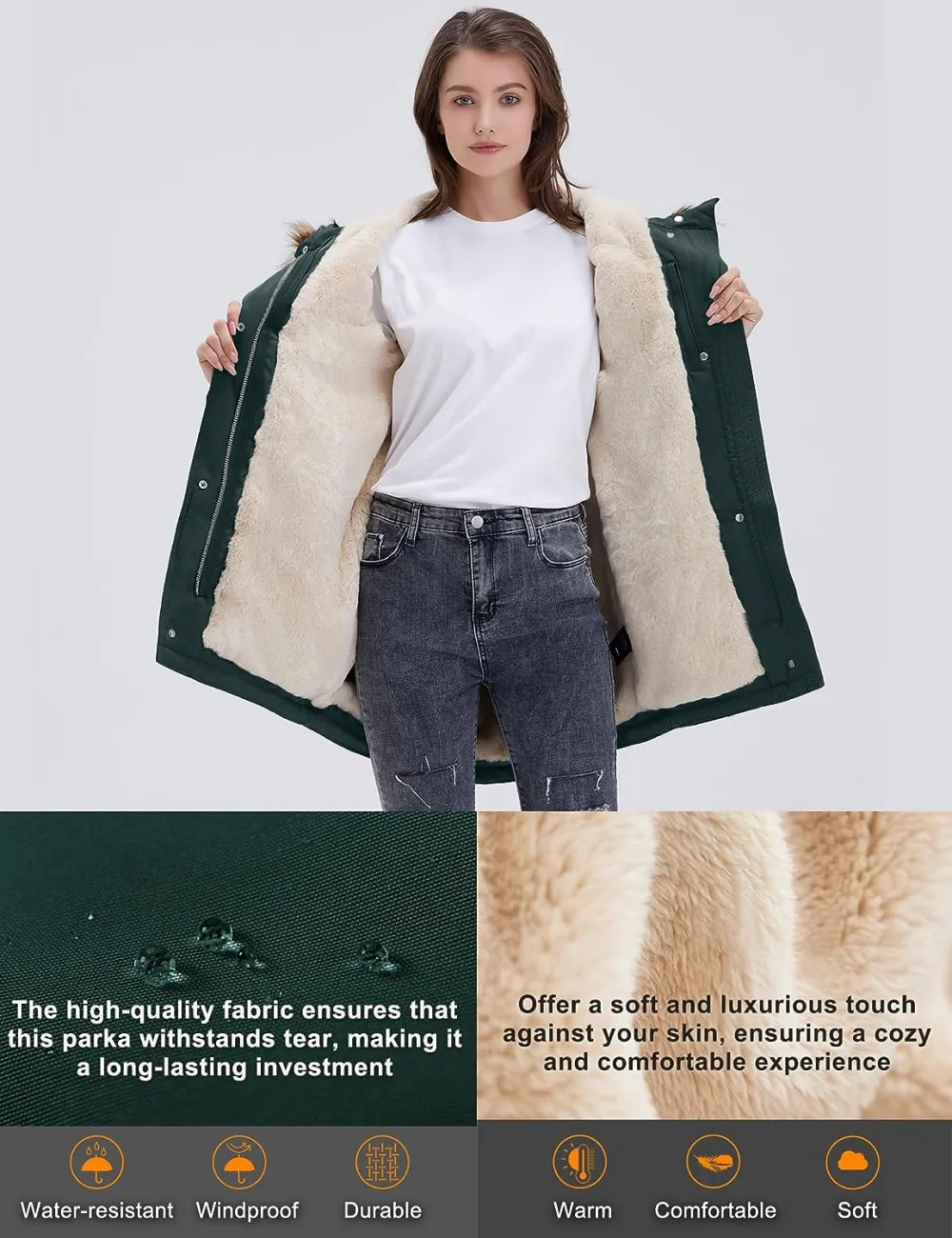 Women's Winter Coats Fleece Lined Parka Jacket Hooded Long Winter Warm Parka Coat with Pockets