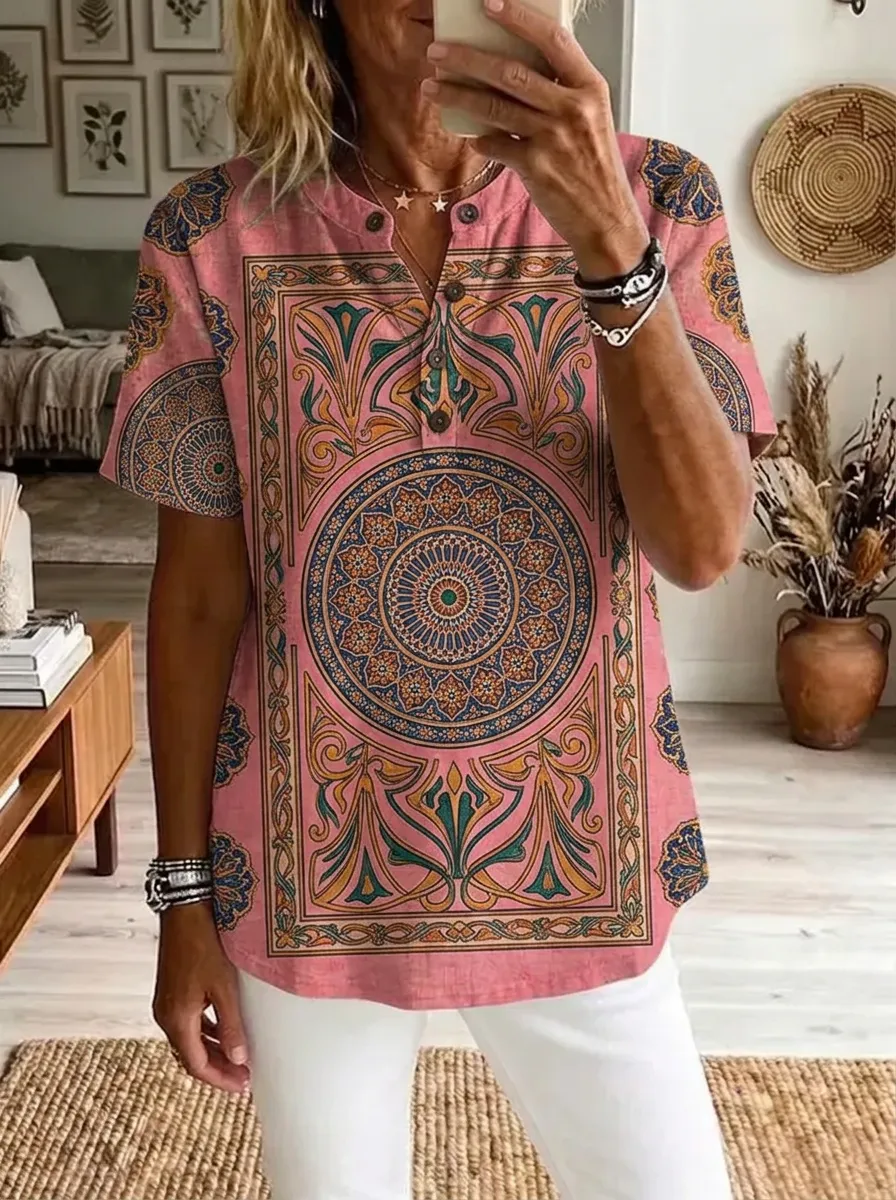 Women's Nashville Boho Mandala Printed Henley Shirt