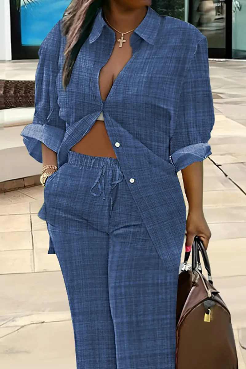Multicolored Plaid Button Blouse High Waist Pocket Straight Leg Pants Matching Set