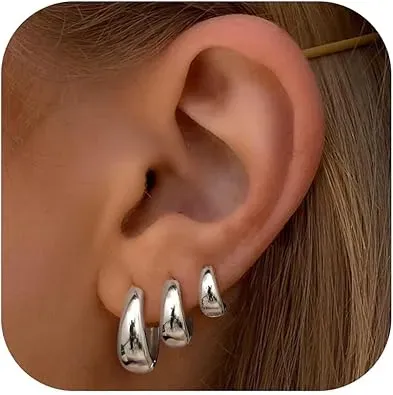 3Pairs Gold Hoop Earrings Set for Women Chunky Gold Silver Hoop Earrings 14K Gold Filled Hypoallergenic Small Huggie Hoop Earrings Tiny Gold Trendy Thick Hoop Earrings Stacks for Multiple Piercing