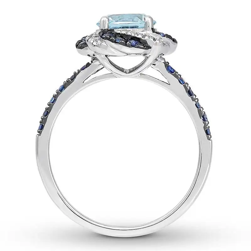 Aquamarine & Lab-Created Sapphire Engagement Ring Round-cut 14K White Gold