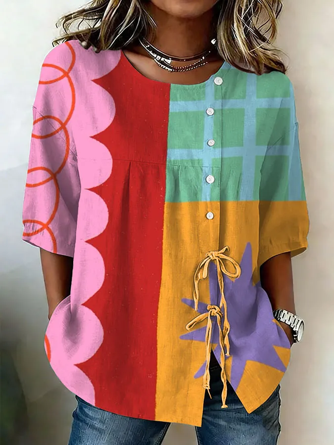 Women'S Color Blocked Striped Contrast Art Printed Casual Shirt