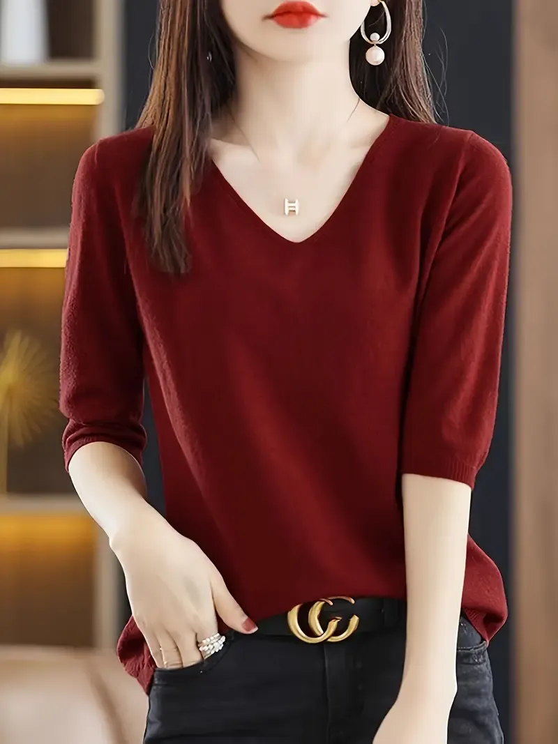 Solid Color V-neck Sweater, Versatile Half Sleeve Knitted Top For Spring & Fall, Women's Clothing
