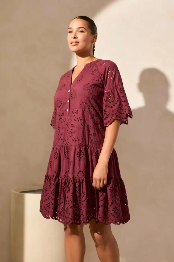 Cotton Eyelet Ruffle Short Sleeve Tiered Dress-Maroon