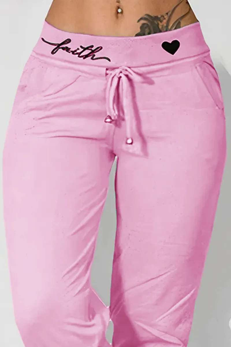 Letter & Heart Print Drawstring Capris Pants
