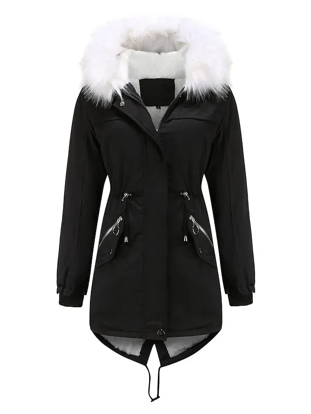 Women's Parka Puffer Coat Thermal Warm Winter Coat Windproof Heated Coat with Fur Collar Fall Zip up Drawstring Fleece Jacket with Pockets Outerwear Pink Black Pink Mid-Length