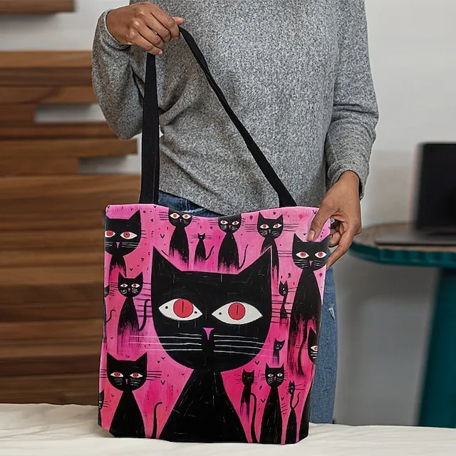 Women's Tote Shoulder Bag Canvas Tote Bag Polyester Oxford Cloth Shopping Holiday Print Large Capacity Foldable Lightweight Cat Black / Red Custom Print Light Pink