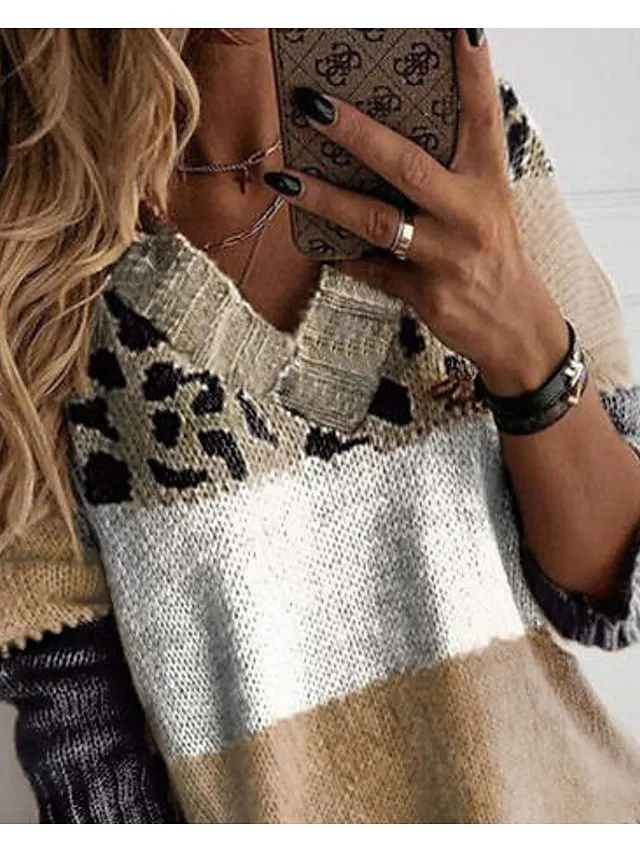 Women's Pullover Sweater Jumper V Neck Crochet Knit Knit Patchwork Knitted Fall Winter Tunic Going out Weekend Stylish Long Sleeve Color Gradient Brown S M L