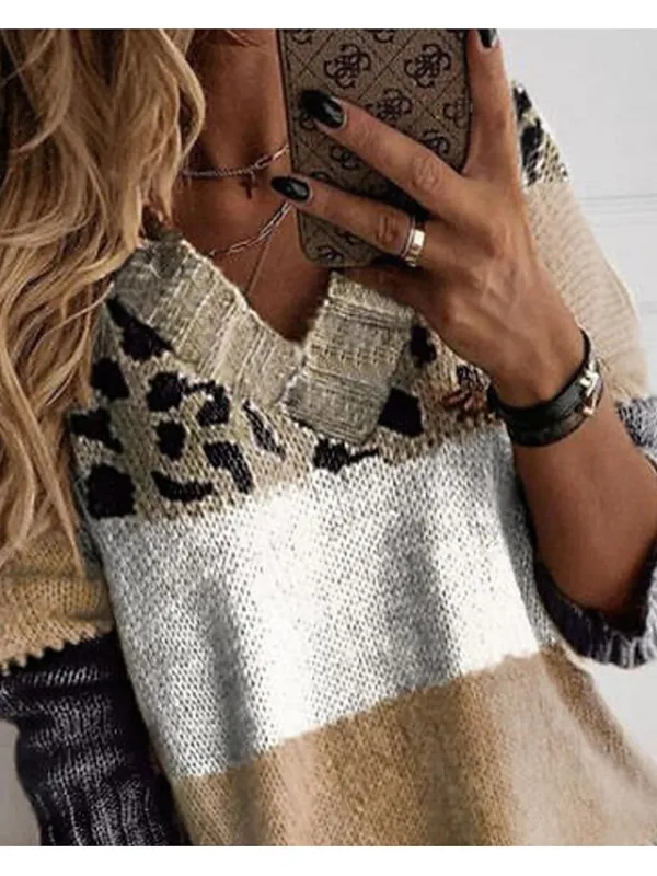 Women's Pullover Sweater Jumper V Neck Crochet Knit Knit Patchwork Knitted Fall Winter Tunic Going out Weekend Stylish Long Sleeve Color Gradient Brown S M L