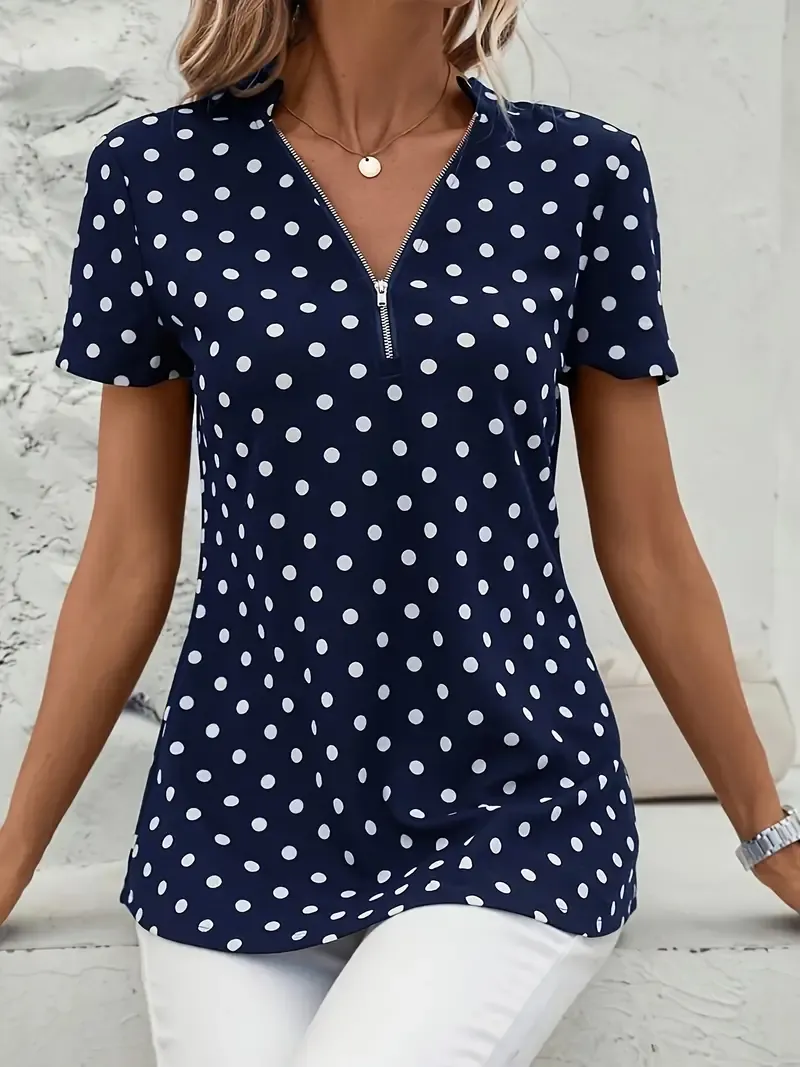 Polka Dot V-Neck Zipper Blouse, Short Sleeve Spring Summer Blouse for Women
