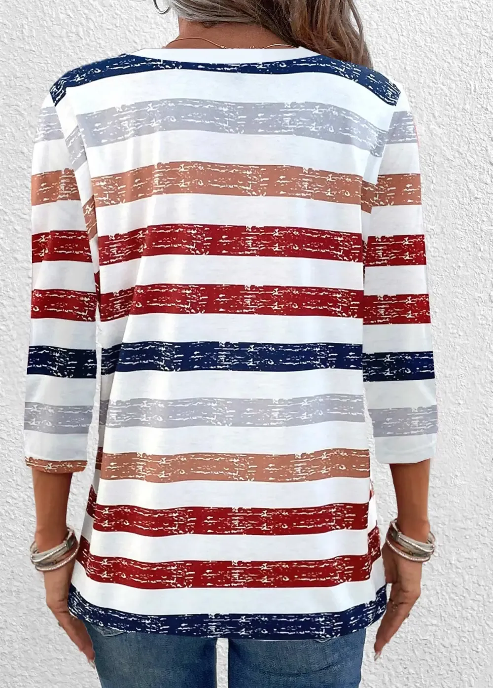 Red Button Multi Stripe Print 3/4 Sleeve T Shirt
