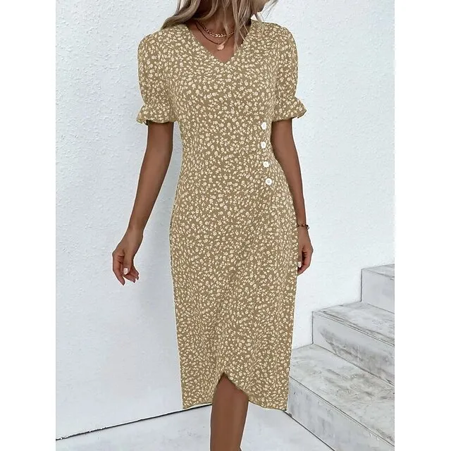 Women's Casual Dress Wrap Dress Floral Dress Floral Button Print V Neck Midi Dress Fashion Classic Daily Holiday Short Sleeve Regular Fit Black Dark Red Yellow Summer Spring S M L XL XXL