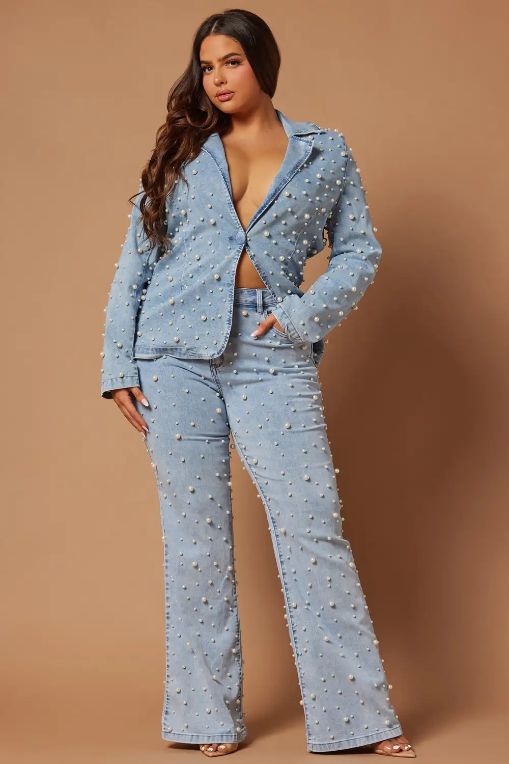 Sandrine Embellished Denim Blazer Set - Blue