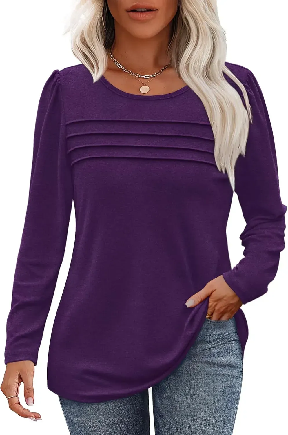 OFEEFAN Long Sleeve Shirts for Women Fall Fashion 2024 Dressy Casual Blouses Trendy Pleated Tunic Tops for Leggings