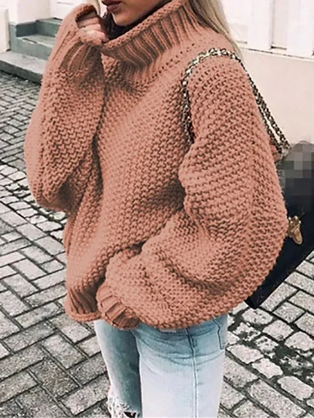 Women's Pullover Sweater Jumper Stylish Casual Soft Solid Color Ribbed Turtleneck Oversized Long Sleeve Regular Tops Knit Daily Going out Weekend Black Pink Fall Winter
