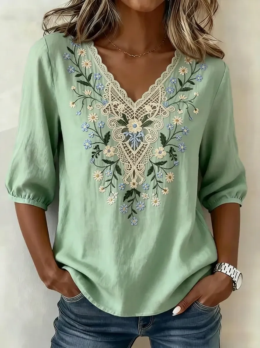 Women's Nashville Floral Embroidery V-Neck Printed Top