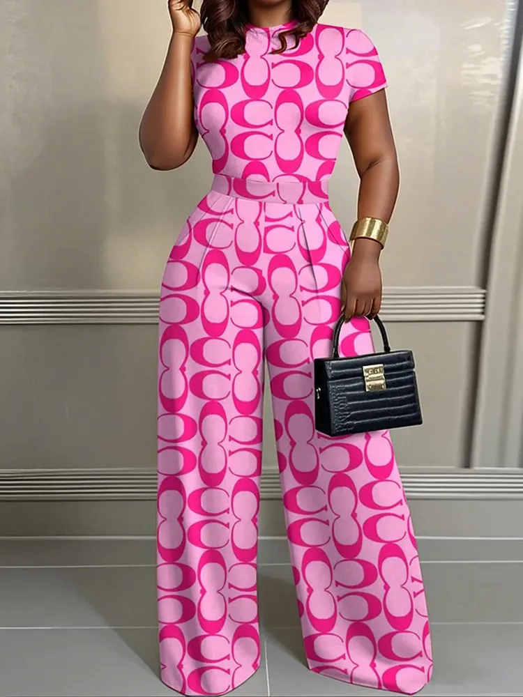 Simple Letter Print 2Pcs Set Wide Leg Jumpsuit