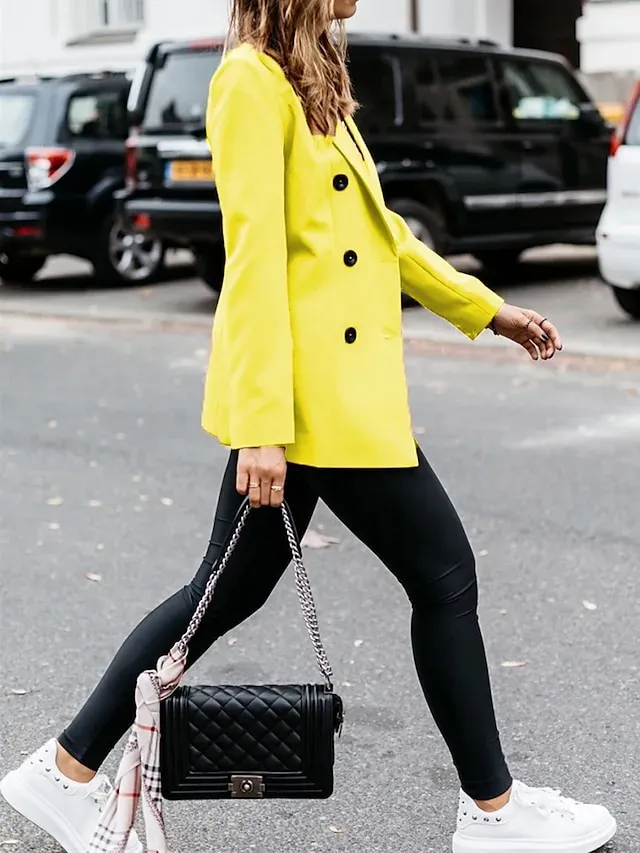 Women's Blazer Outdoor Button Solid Color Warm Fashion Regular Fit Outerwear Long Sleeve Fall Light Blue S