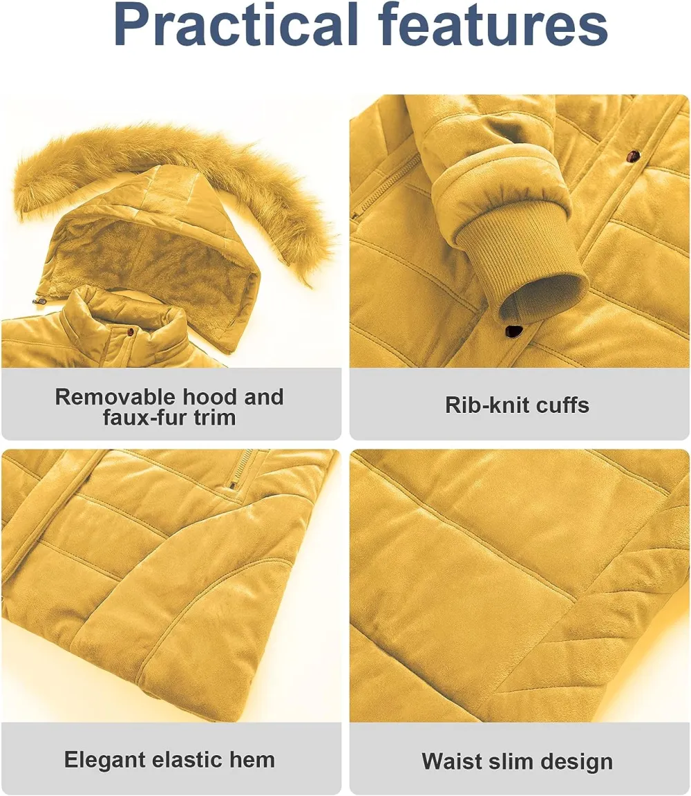 Women's Warm Winter Coat Velvet Puffer Jacket Quilted Faux Fur Hood