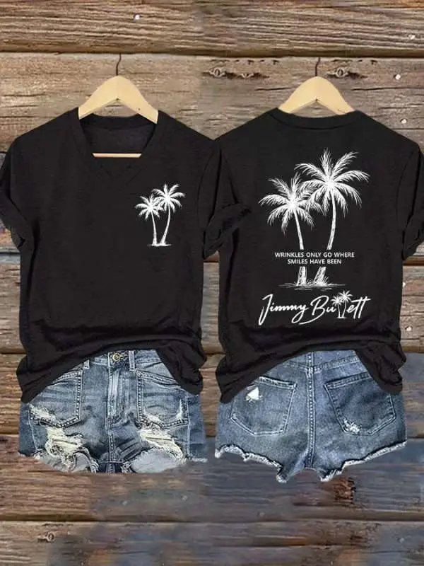 V Neck Retro Wrinkles Only Go Where Smiles Have Been Print T-Shirt