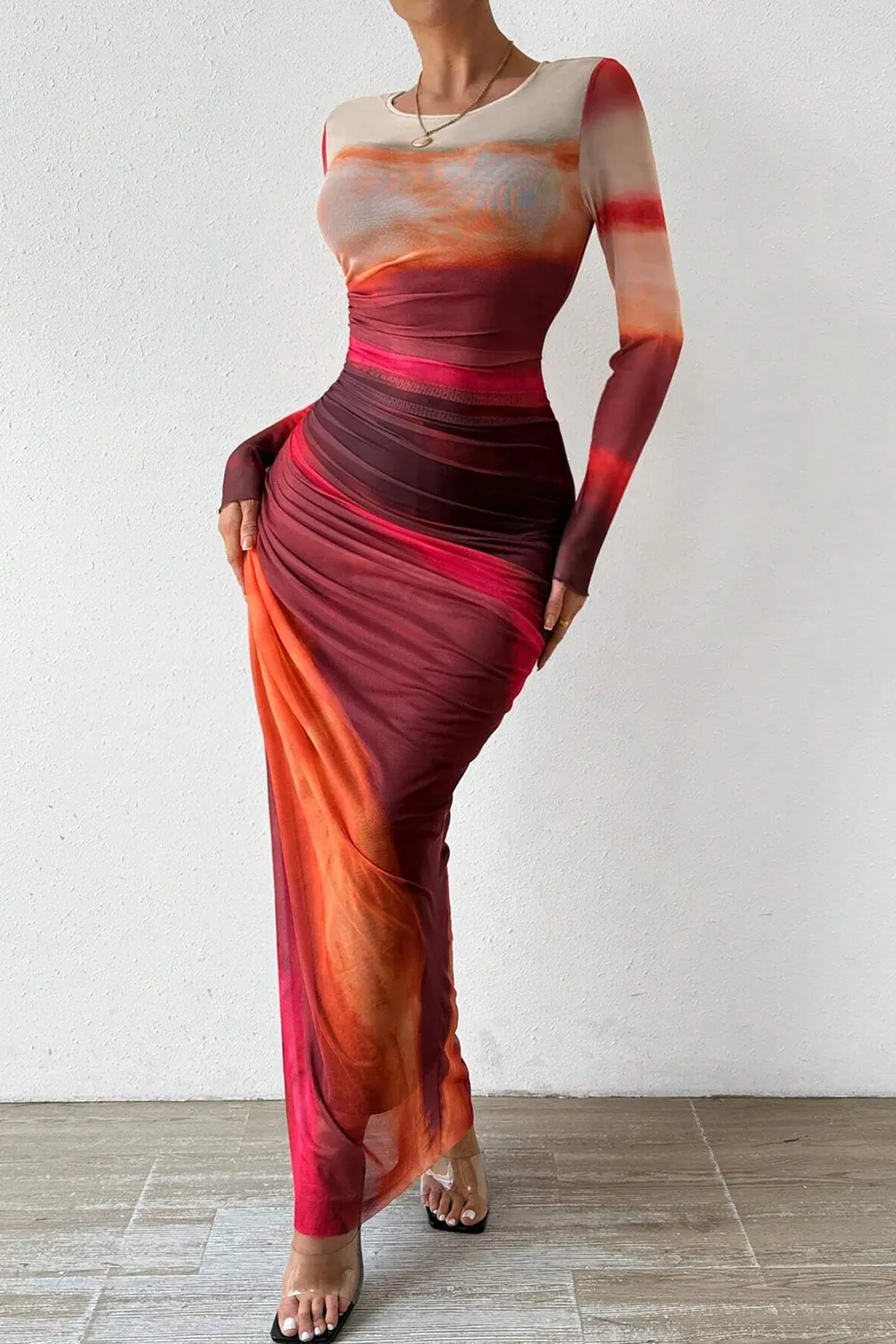 Women's Tie Dye Long Sleeve Pleated Dress