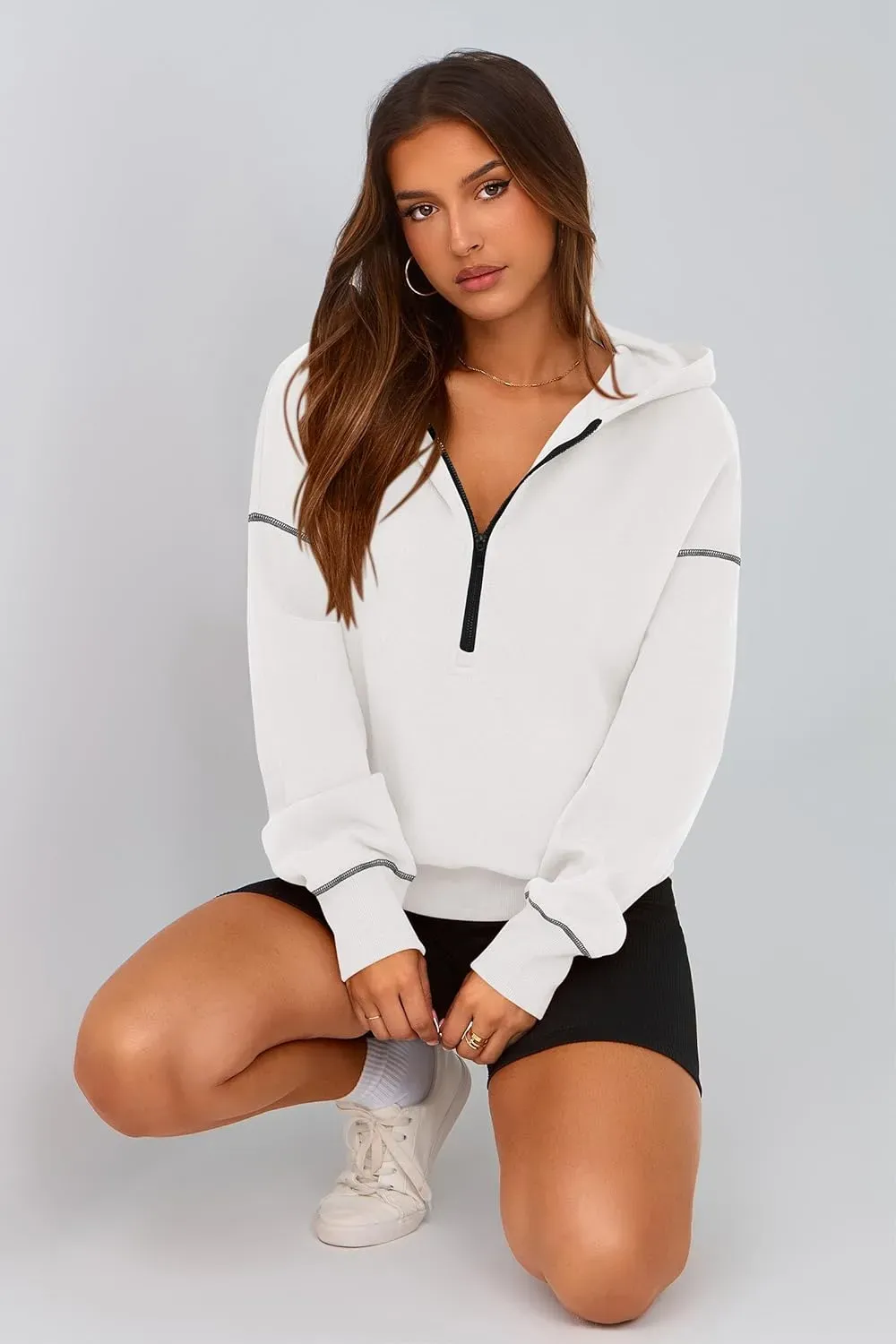 Women's Hooded Sweatshirts Long Sleeve Half Zip Cropped Hoodie Pullover Winter Fashion Clothes