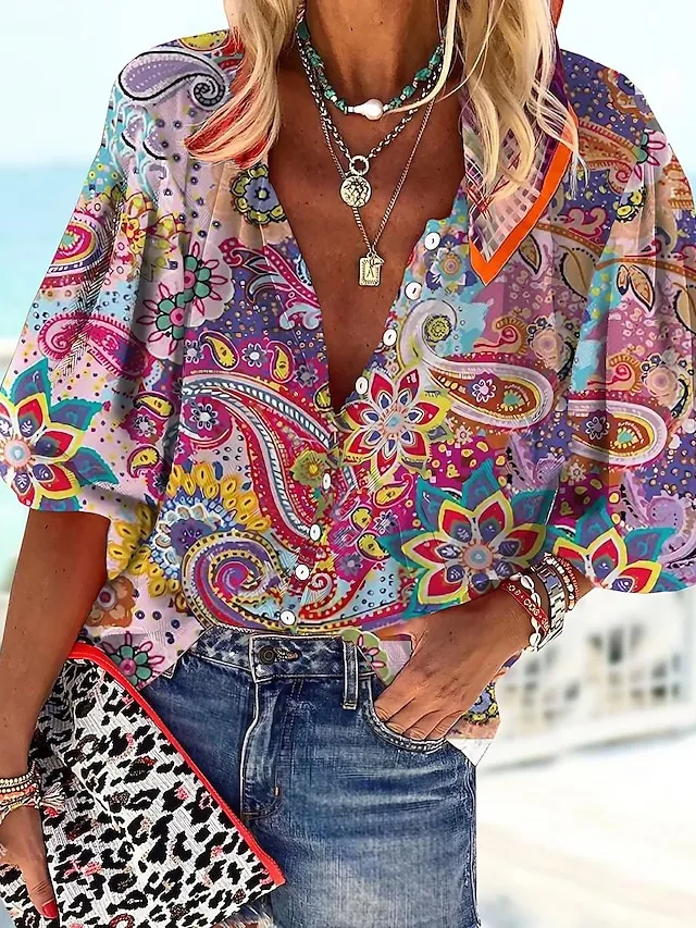 Women's Shirt Blouse Pink Red Blue Graphic Button Print Long Sleeve Casual Basic V Neck Regular Fit Spring Fall