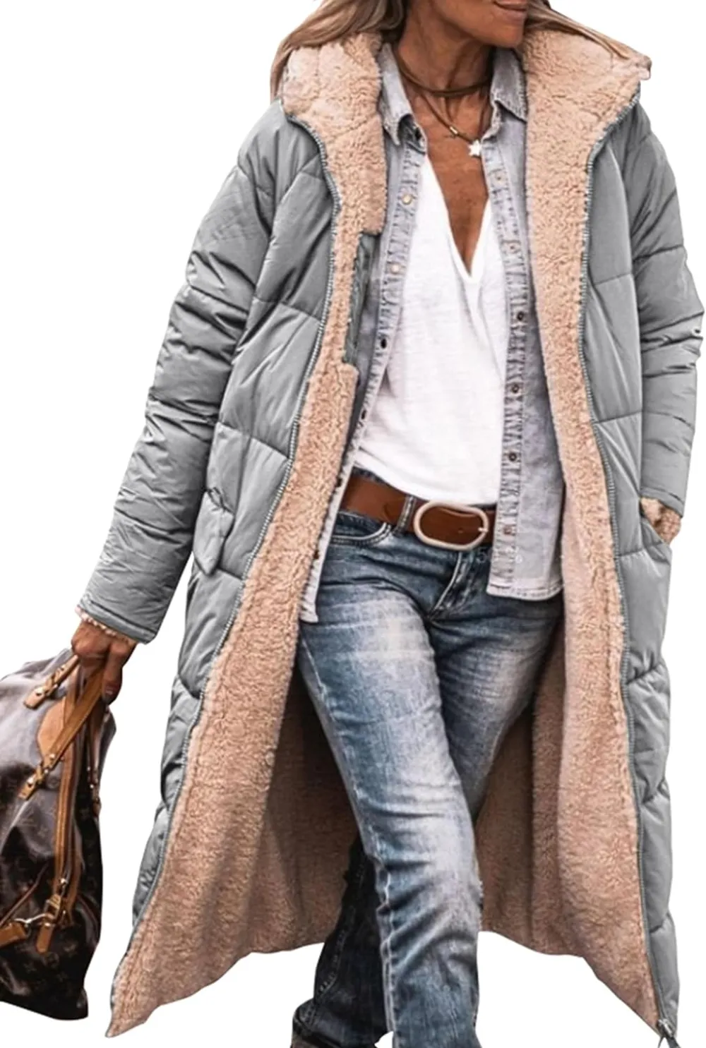 Women's 2023 Warm Winter Coats Reversible Sherpa Fleece Long Hooded Puffer Jackets Outerwear