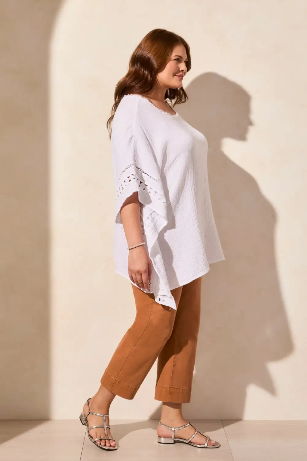 Vintage Wash Cotton Gauze Kaftan Blouse With Fancy Trim-White