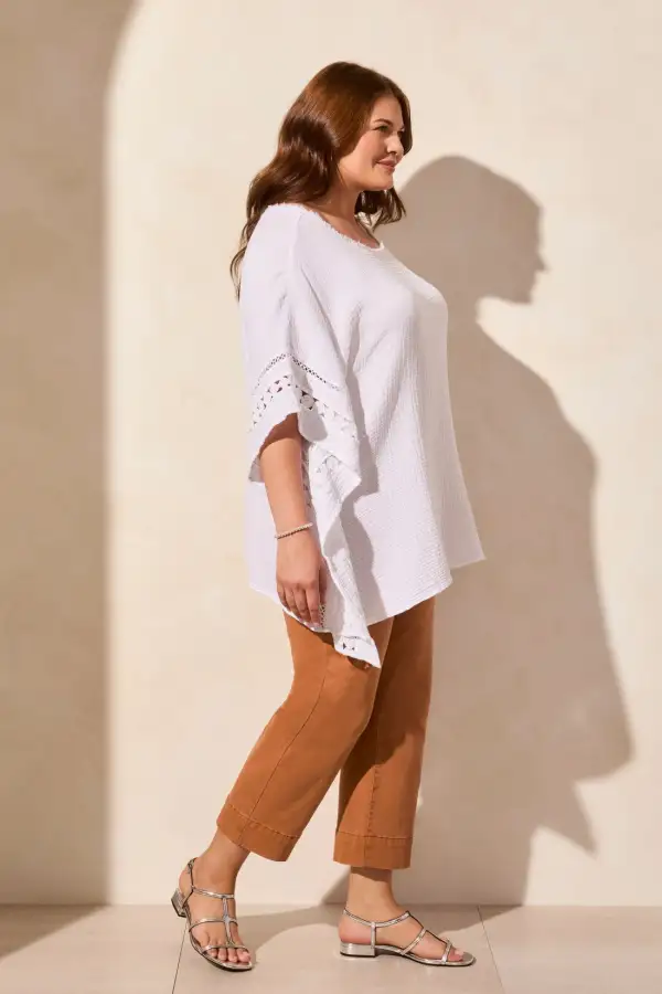 Vintage Wash Cotton Gauze Kaftan Blouse With Fancy Trim-White