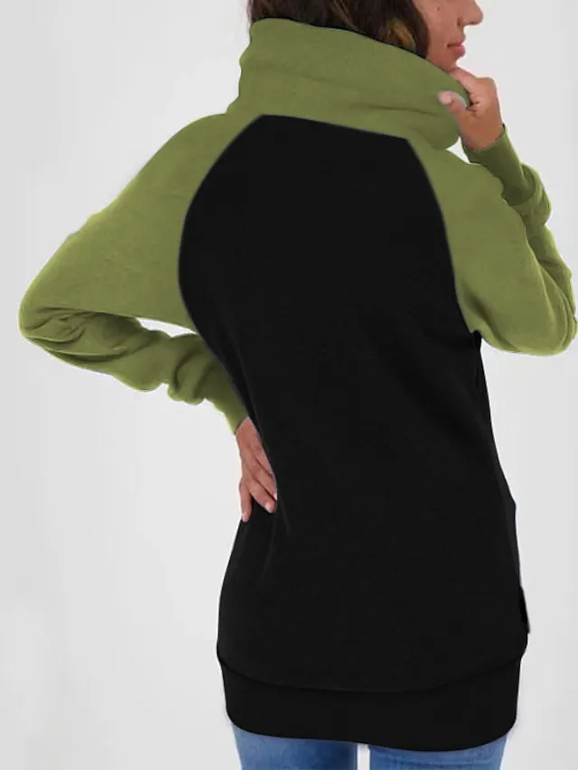 Women's Zip Hoodie Sweatshirt Basic Pocket Drawstring Zip Up White Light Green Pink Color Block Street Casual Pile Neck Long Sleeve Top Micro-elastic Fall & Winter