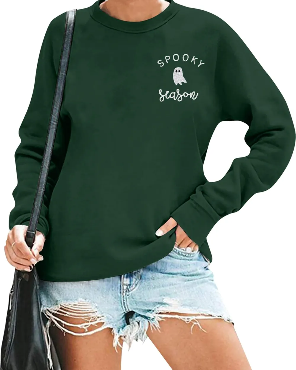 LOTUCY Halloween Sweatshirt Women Cute Spooky Season Sweatshirts Ghost Fall Embroidered Sweater Pullover Top
