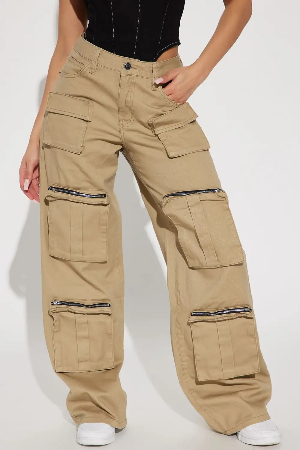Starting Strong Wide Leg Non Stretch Cargo Jeans - Khaki