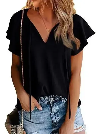 Women Short Sleeve V-neck Lace-up Top