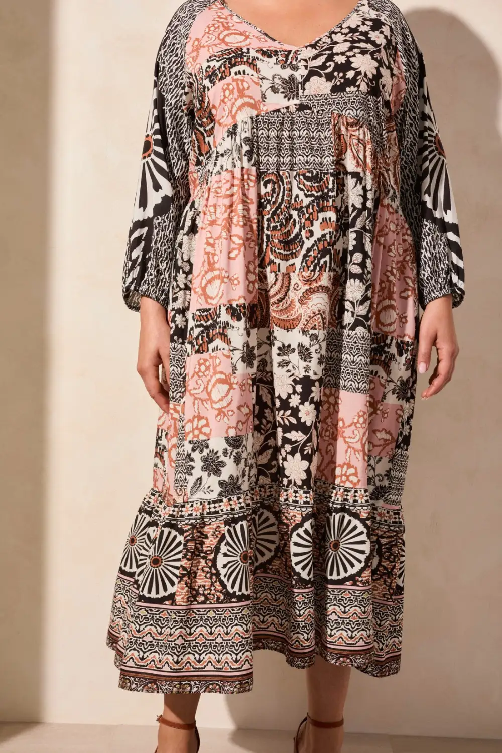 Long Raglan Sleeve Poplin V-Neck Dress-Desertsand