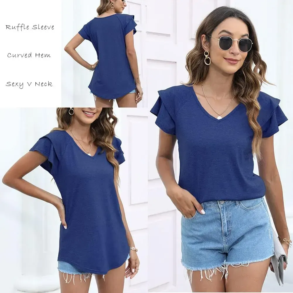 T&Twenties Womens Summer Tops Ruffle Short Sleeve Tunic Tops V Neck Loose Fit Flowy T-Shirts