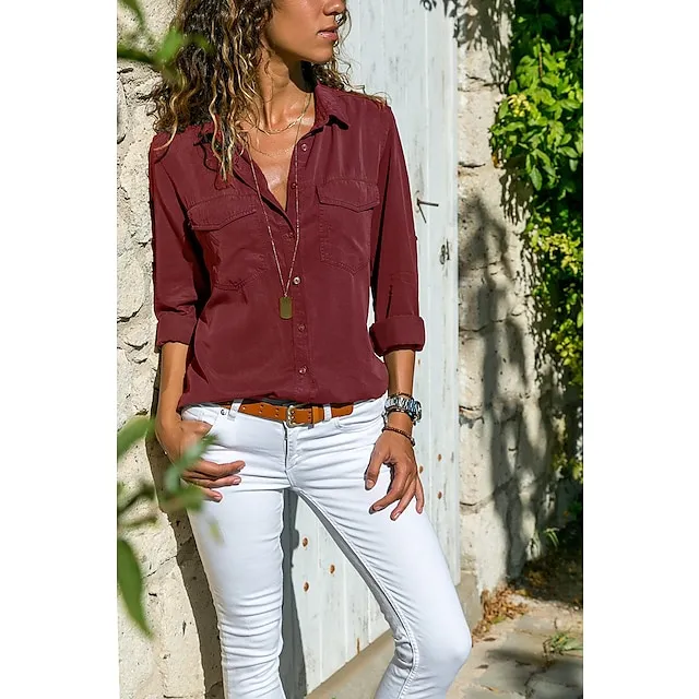 Women's Shirt Blouse Pocket Lapel Collor Long Sleeve Women‘s Clothing Solid Color Daily Basic