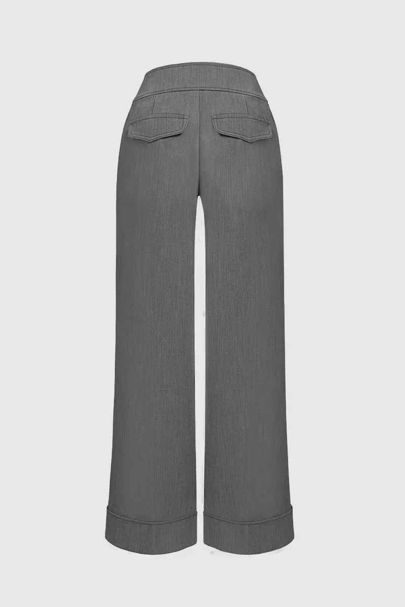 Solid Button Decor Mid Waist Wide Leg Pants