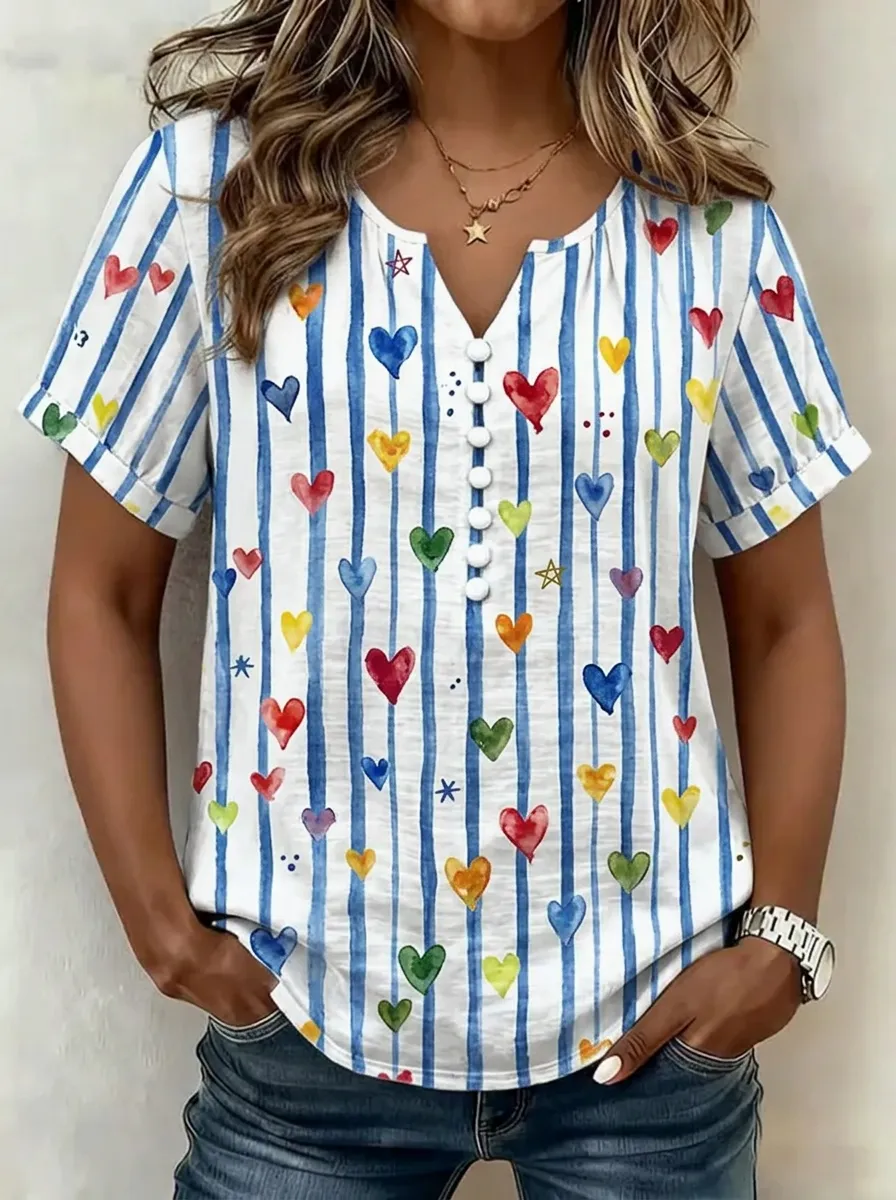 Women's Nashville Heart Striped Pattern Printed V-Neck Top