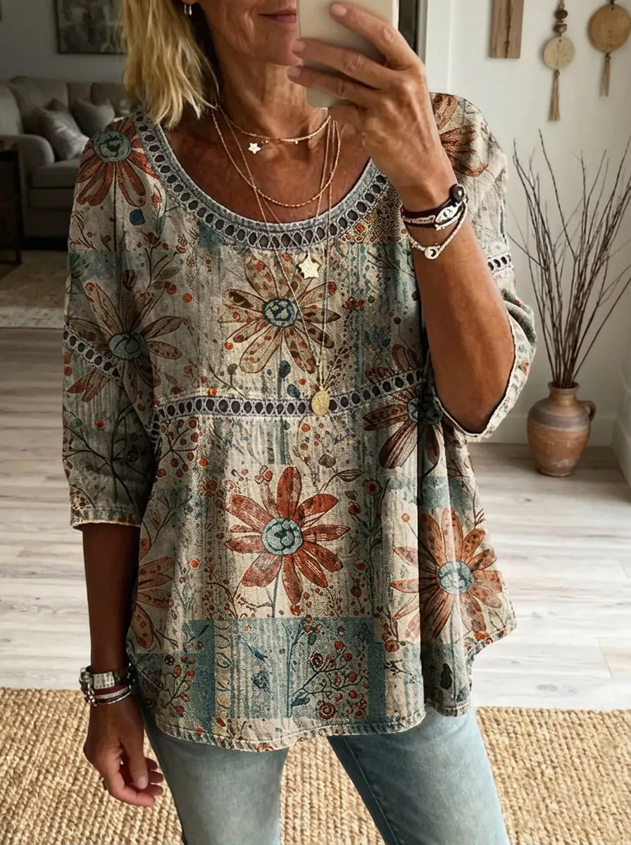 Women's Nashville Floral Patchwork Printed Tunic Top