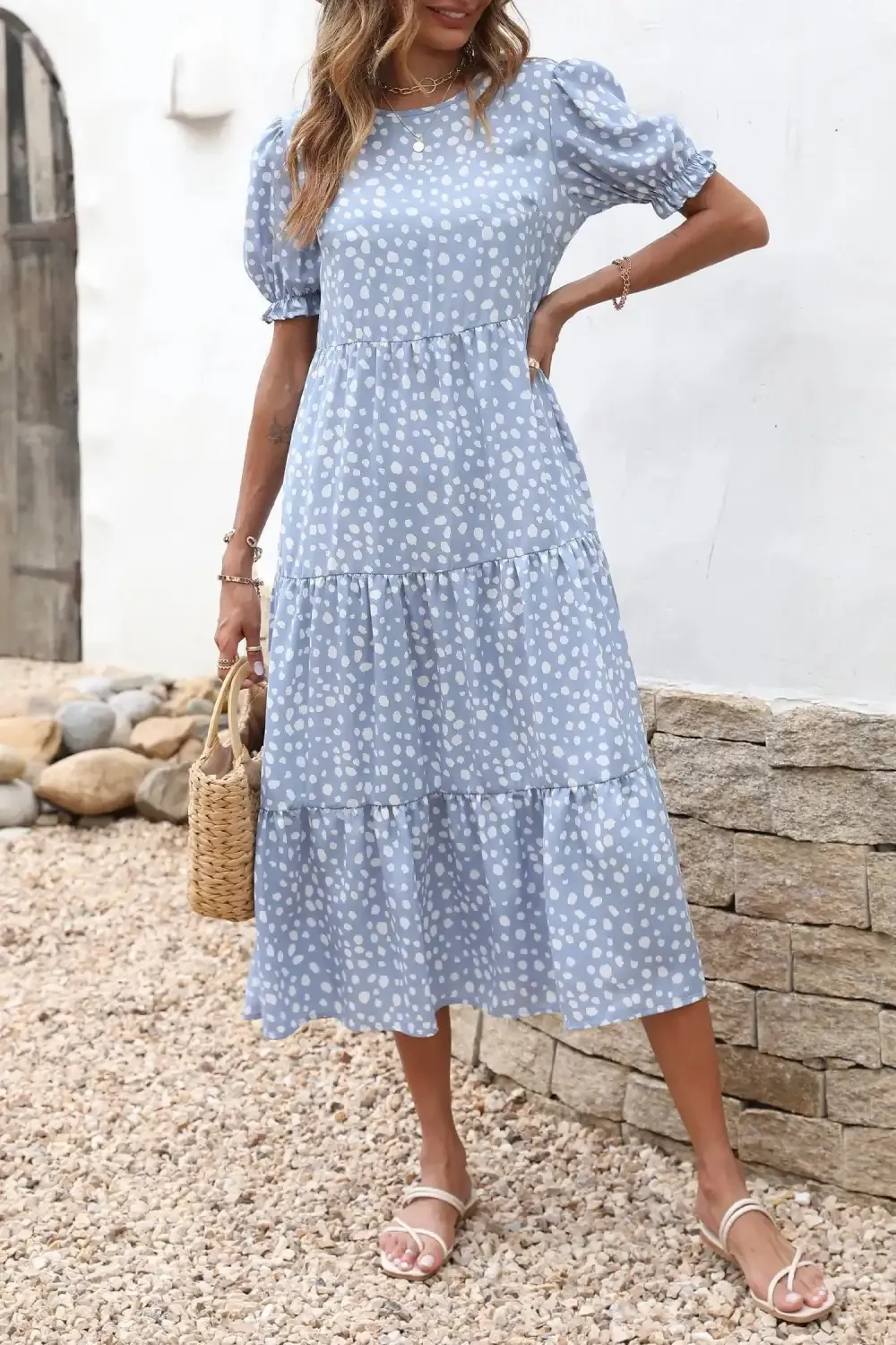 Floral Print Ruffle Puff Sleeve High Waist Midi Dresses